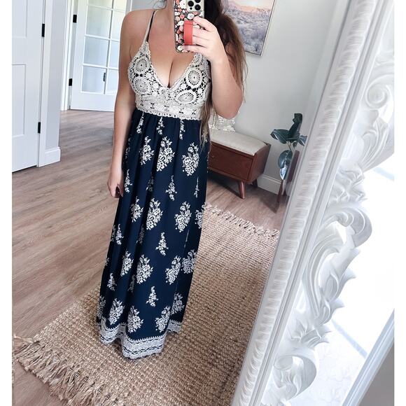 Chasing the Clouds boho goddess crochet top babydoll Flowy maxi dress M - Picture 5 of 11